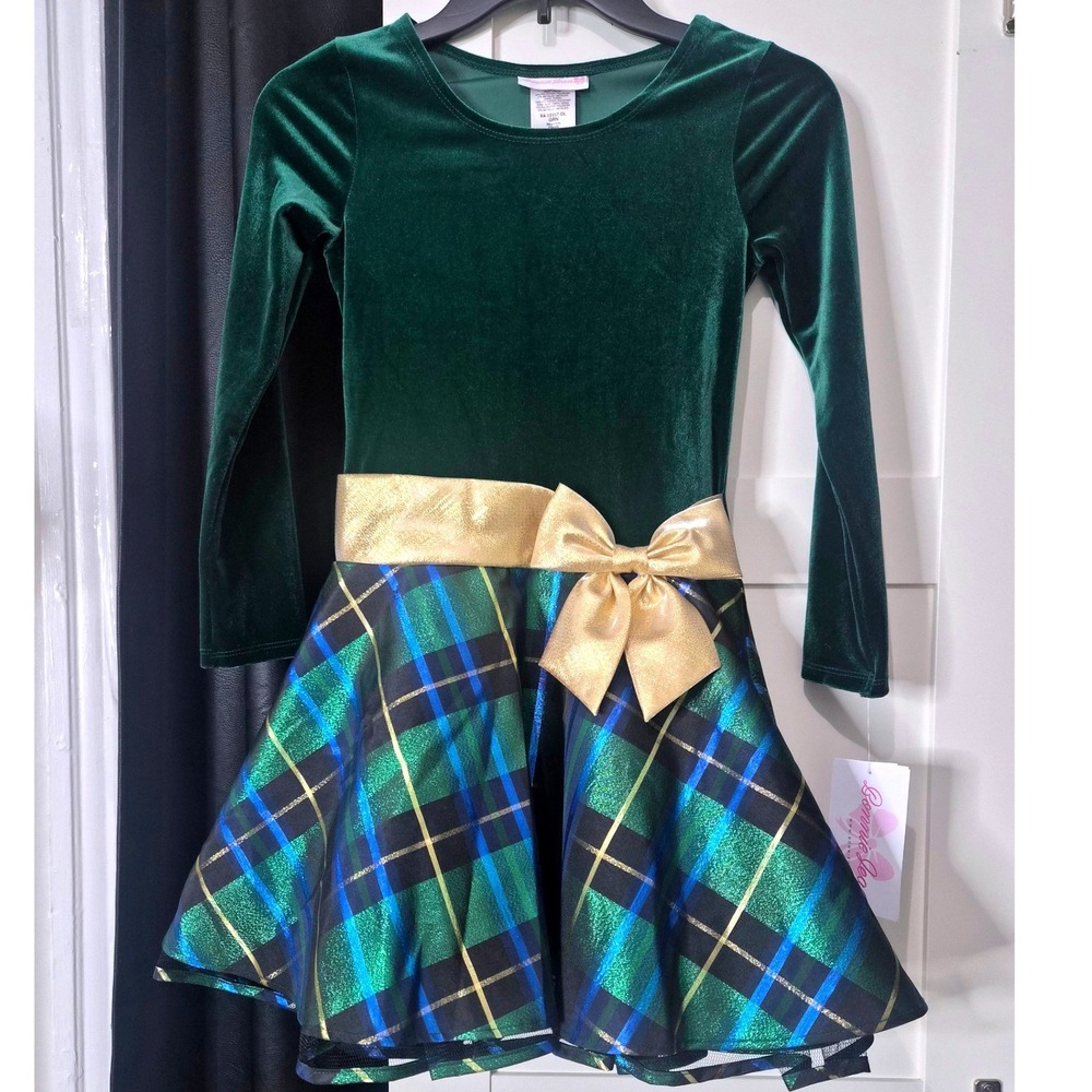 NWT Bonnie Jean Girls Green Velvet Metallic Plaid Holiday Dress Gold Bow Size 8